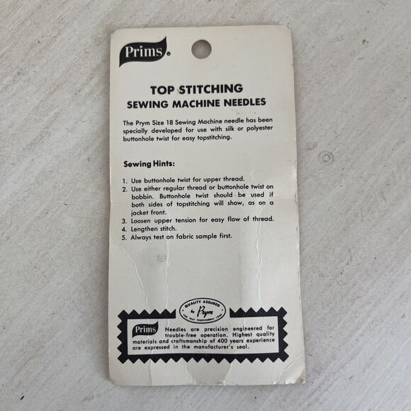 NOS: Vintage PRIMS Sewing Machine Needles ~ Size 18 ~ 4 Ct Package Top Stitch - Picture 2 of 2